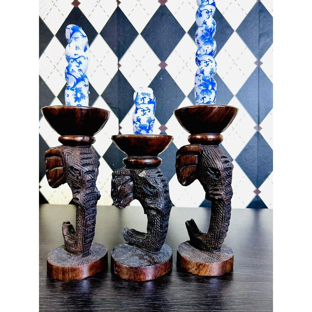Hand Carved Zimbabwe Wooden Elephant Candle Holders Set of 3 African Safari - Picture 8 of 15